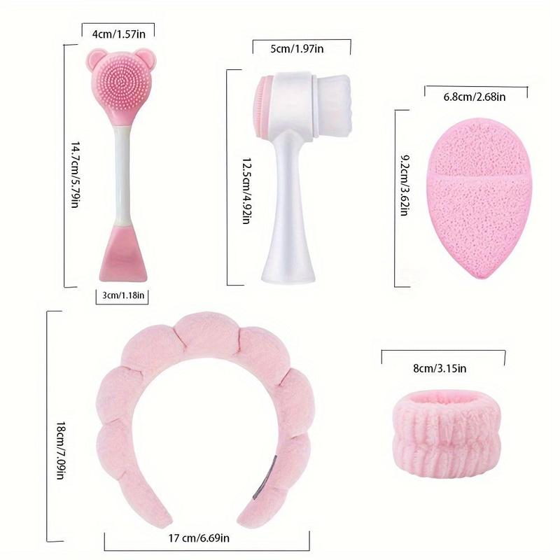 Facial Cleansing Tool Set, 7 Counts set Portable Skin Care Tool Set, Including Soft Headband & Wristband & Silicone Exfoliating Brush & Wash Bag, Christmas Gift