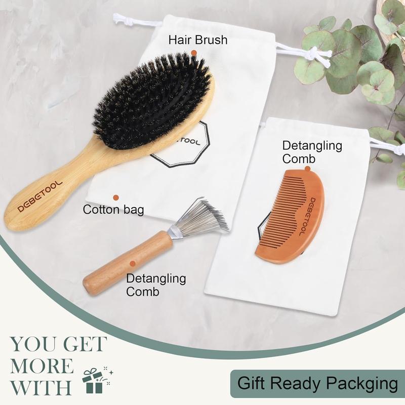 Bamboo Hair Brush - 100% Boar Bristle Hair Brush Set with Wood Comb and Hair Cleaner, Soft Bristle Hair Brush for Women and Men, Restores Shine and Texture to Hair