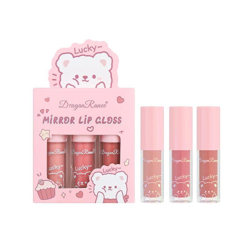 Cute Cartoon Bear Pattern Moisturizing Lip Gloss, 3 Counts set Glitter Mirror Lip Glaze Stick, Plumping Lip Oil for All Occasions Makeup, Christmas Gift