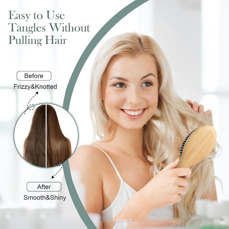 Bamboo Hair Brush - 100% Boar Bristle Hair Brush Set with Wood Comb and Hair Cleaner, Soft Bristle Hair Brush for Women and Men, Restores Shine and Texture to Hair