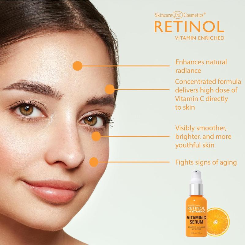 Retinol + Vitamin C Face Serum - Anti Aging Facial Serum, Evens Skin Tone, Diminishes Fine Lines and Wrinkles, Sun Damage & Dark Spots, Restores Radiance, Locks In Moisture - 1 FL. Oz