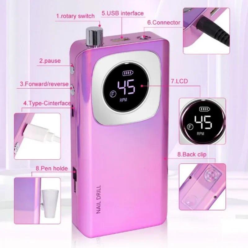 Original 45000RPM Professional Rechargeable Electric Nail Drill Machine Portable Cordless Nail File For Acrylic Gel Nails Remove uña s portable naildrill