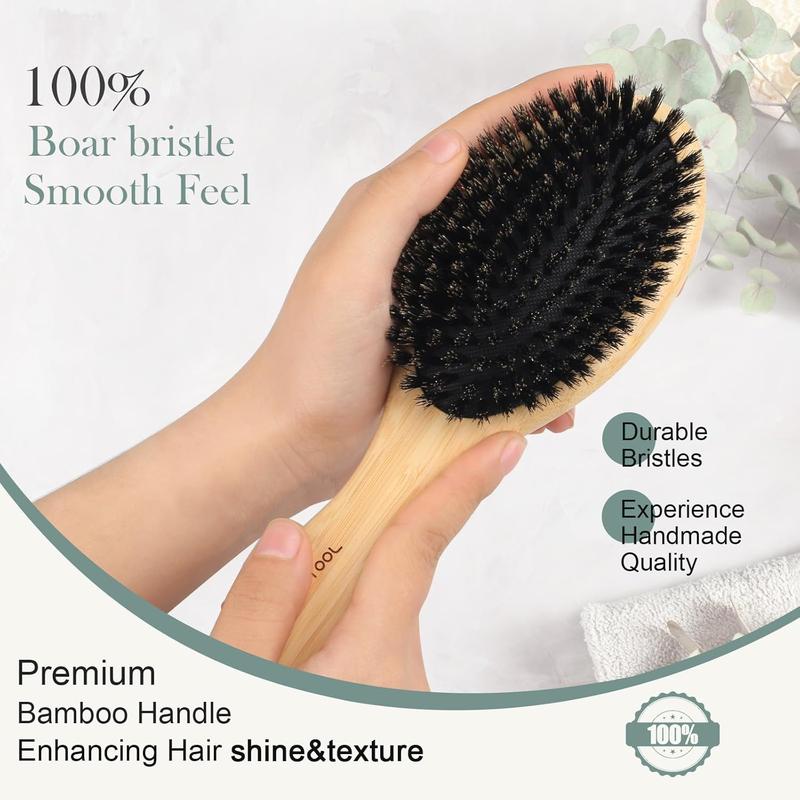 Bamboo Hair Brush - 100% Boar Bristle Hair Brush Set with Wood Comb and Hair Cleaner, Soft Bristle Hair Brush for Women and Men, Restores Shine and Texture to Hair