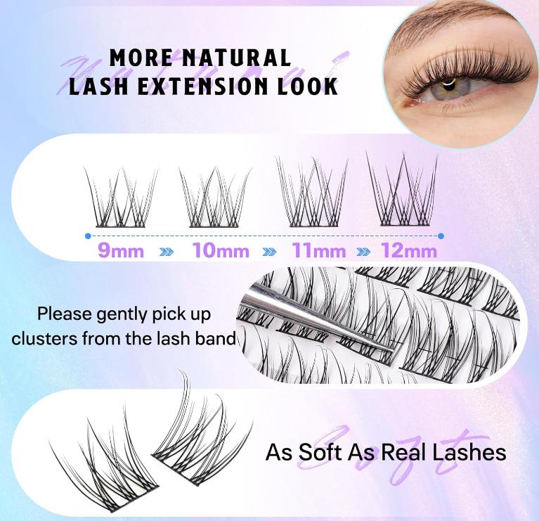 Natural Lash Clusters Kit DIY Lash Extension Kit Wispy Eyelash Extension Kit C Curl Individual Lashes Kit 9-12MM Short Eyelash Clusters with Lash Remover by Newcally