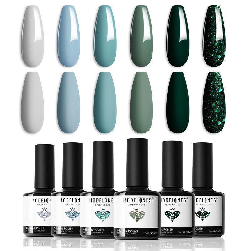 Gel Nail Polish Set - 6 Colors Misty Gray Dark Green Glitter Gel Polish Kit Sage Green Baby Blue Nail Gel Polish Soak off LED Nail Lamp Gel Nail Kit DIY Fall Winter Christmas Nails Mani Gift modelones modelones