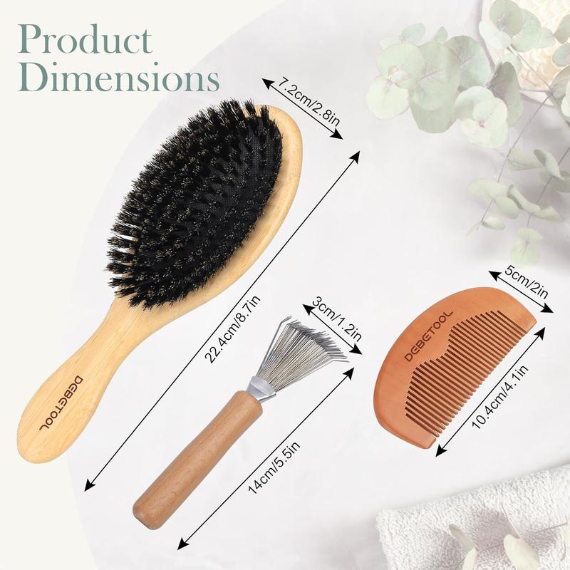 Bamboo Hair Brush - 100% Boar Bristle Hair Brush Set with Wood Comb and Hair Cleaner, Soft Bristle Hair Brush for Women and Men, Restores Shine and Texture to Hair