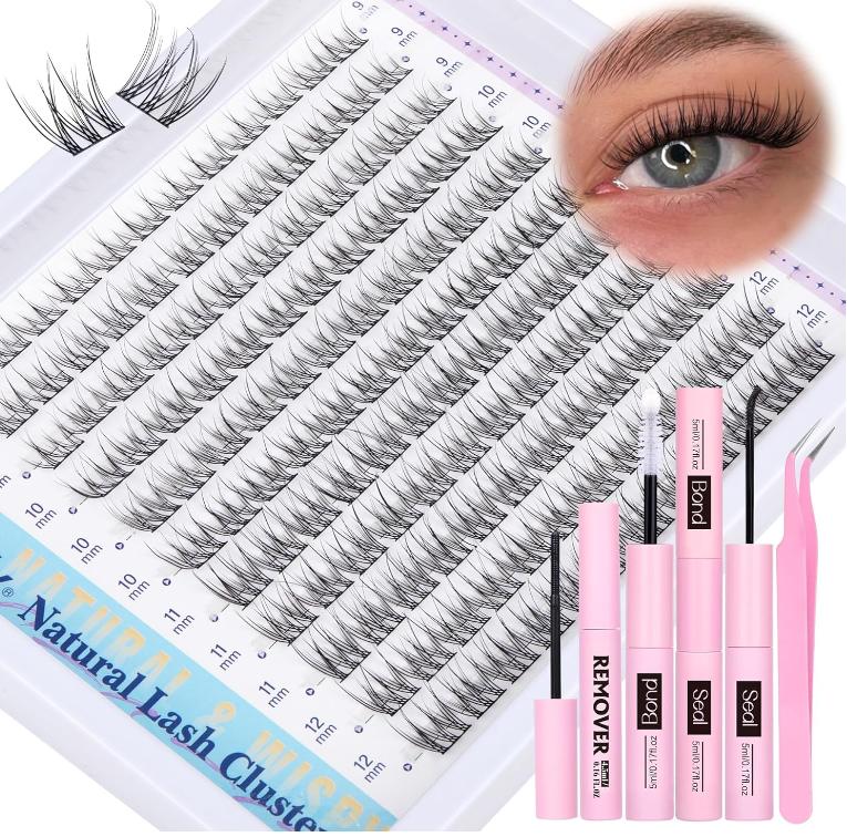 Natural Lash Clusters Kit DIY Lash Extension Kit Wispy Eyelash Extension Kit C Curl Individual Lashes Kit 9-12MM Short Eyelash Clusters with Lash Remover by Newcally