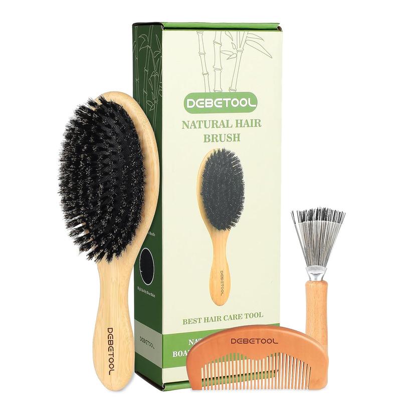 Bamboo Hair Brush - 100% Boar Bristle Hair Brush Set with Wood Comb and Hair Cleaner, Soft Bristle Hair Brush for Women and Men, Restores Shine and Texture to Hair