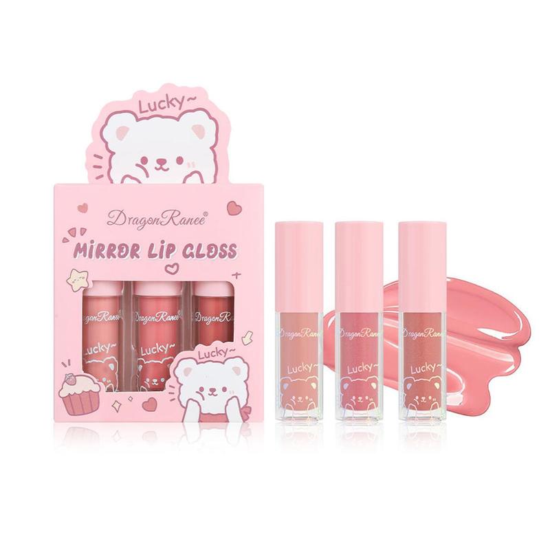 Cute Cartoon Bear Pattern Moisturizing Lip Gloss, 3 Counts set Glitter Mirror Lip Glaze Stick, Plumping Lip Oil for All Occasions Makeup, Christmas Gift