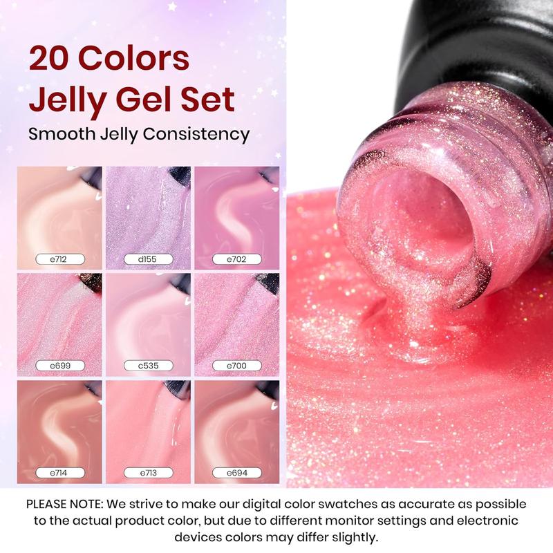 Beetles Jelly Pink Nude Gel Nail Polish Set, 20 Colors Pristine Grace Classic Nude with Bowknot and Pearl Accessories DIY Manicure Gifts for Women