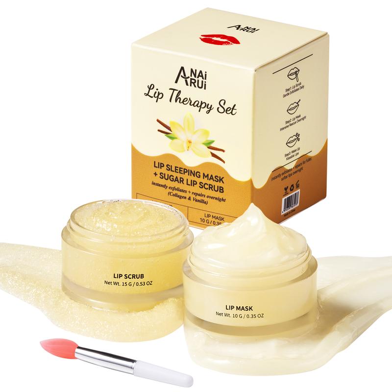 ANAiRUi Vanilla+Collagen Lip Care Kit - Lip Sleeping Mask & Lip Scrub, 12h Overnight Moisturizing Lip Balm for Dry, Chapped Lip Skincare Lipcare Set