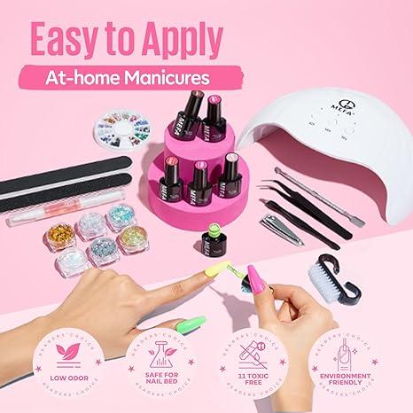 MEFA 56 Pcs Gel Nail Polish Kit with U V Light 48W Nail Dryer, 32 Colors Nude Pink Gray Gel Nail Polish Set with Base and Matte Glossy Top Coat Nail Art Decorations Manicure Tools DIY Salon Home Gifts