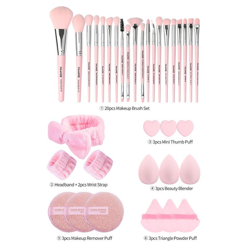 Professional Makeup Tool Set, 35pcs set Makeup Brush & Powder Puff & Headband & Wristband & Sponge Set, Portable Makeup Tools with Soft Fiber