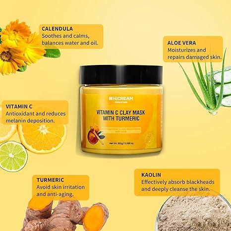 Hicream Turmeric Vitamin C Clay Mask - Deep Cleansing Facial Mask, Clay Face Mask Skin Care with Kaolin Clay and Aloe for Pores, Acne, Hydrating