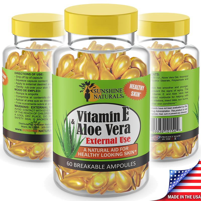 Sunshine Naturals Vitamin E and Aloe Vera Moisturizer. For Dry Skin. 60 Vials Capsule Skincare