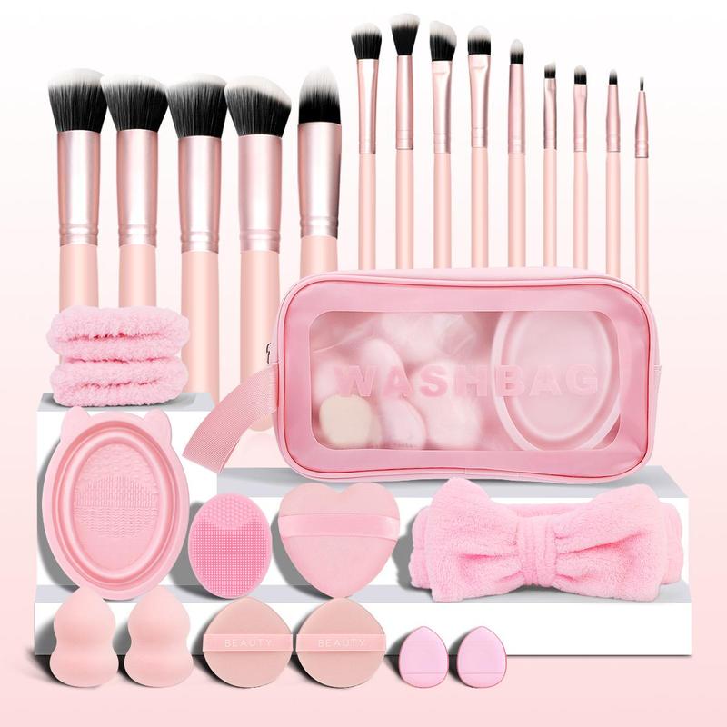 Makeup Brush Set with Storage Bag, 24  27pcs set Makeup Brushes & Sponges & Brush Cleaning Bowl & Headband & Wristbands, Professional Makeup Tools for Women