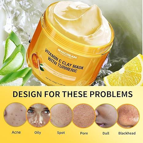 Hicream Turmeric Vitamin C Clay Mask - Deep Cleansing Facial Mask, Clay Face Mask Skin Care with Kaolin Clay and Aloe for Pores, Acne, Hydrating