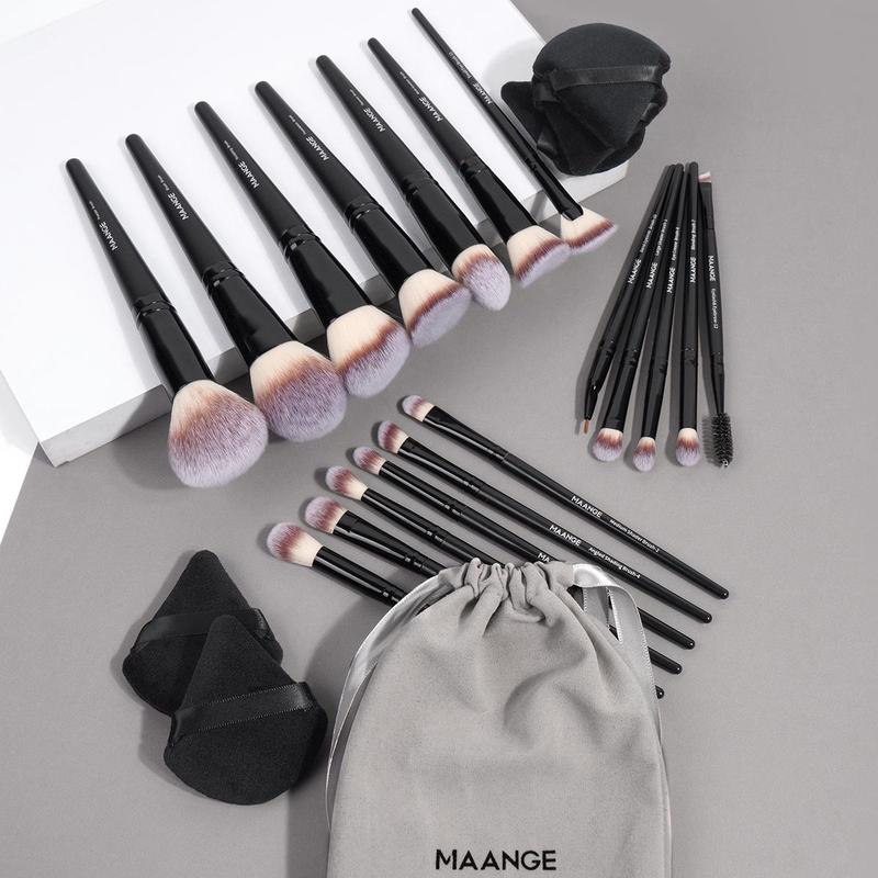 MAANGE Beauty Makeup Cosmetic Tool Set, 18pcs set Professional Makeup Brush Set & 1 Count Drawstring Pouch & 5 Counts Triangular Power Puff, Great for Beginners, Christmas Gift