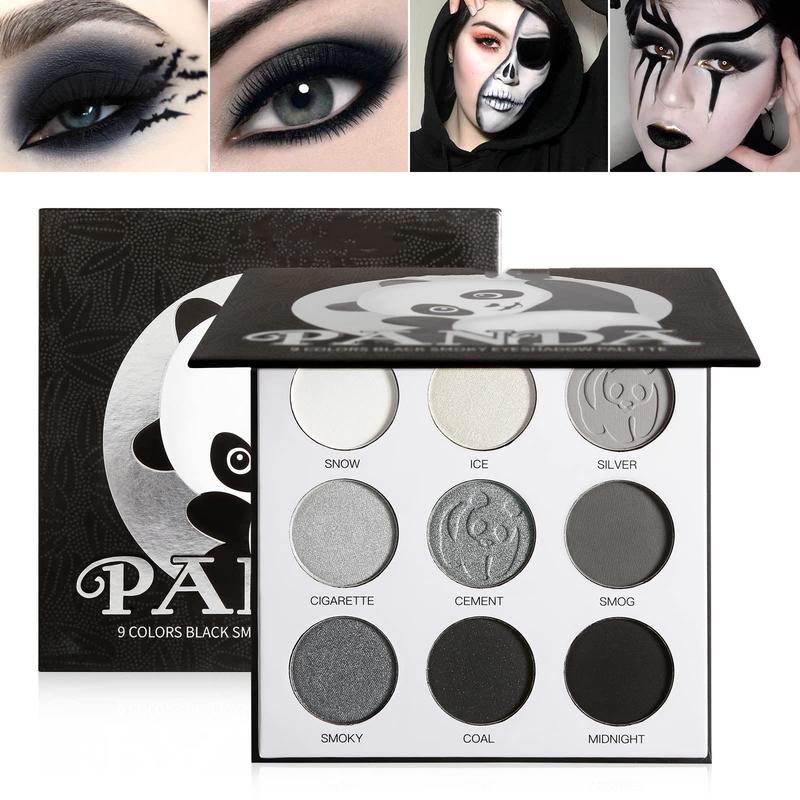 Black Smoky Eye shadow Palette, DE’LANCI PANDA 9 Colors True Black Dark Grey Smokey Goth Makeup Pallet, 9 Soft Matte Shimmer High Pigmented Basic Black White Gray Shade for Halloween  9 Color Black Eyeshadow Palette