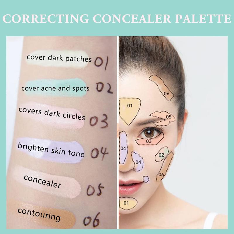 6 Colors Correcting Concealer Palette with Brush for Dark Circles, Redness, Acne, and Blemish - Cosmetic