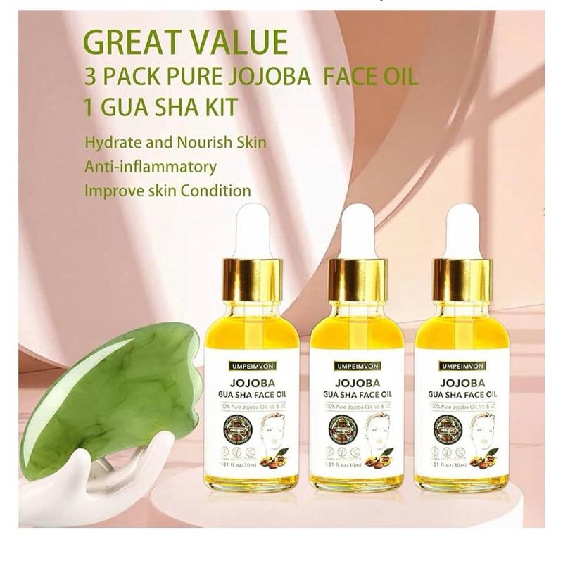 Gua Sha Facial Massage Oil with Guasha Tool Set, 99% Organic Jojoba Oil Cold Pressed Vitamin E and C for Face, Hair, Nails - 3 Pack