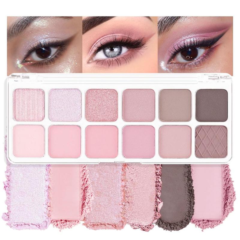 12-Color Light Pink Brown Eyeshadow Palette for Versatile Day-to-Night Looks - Makeup