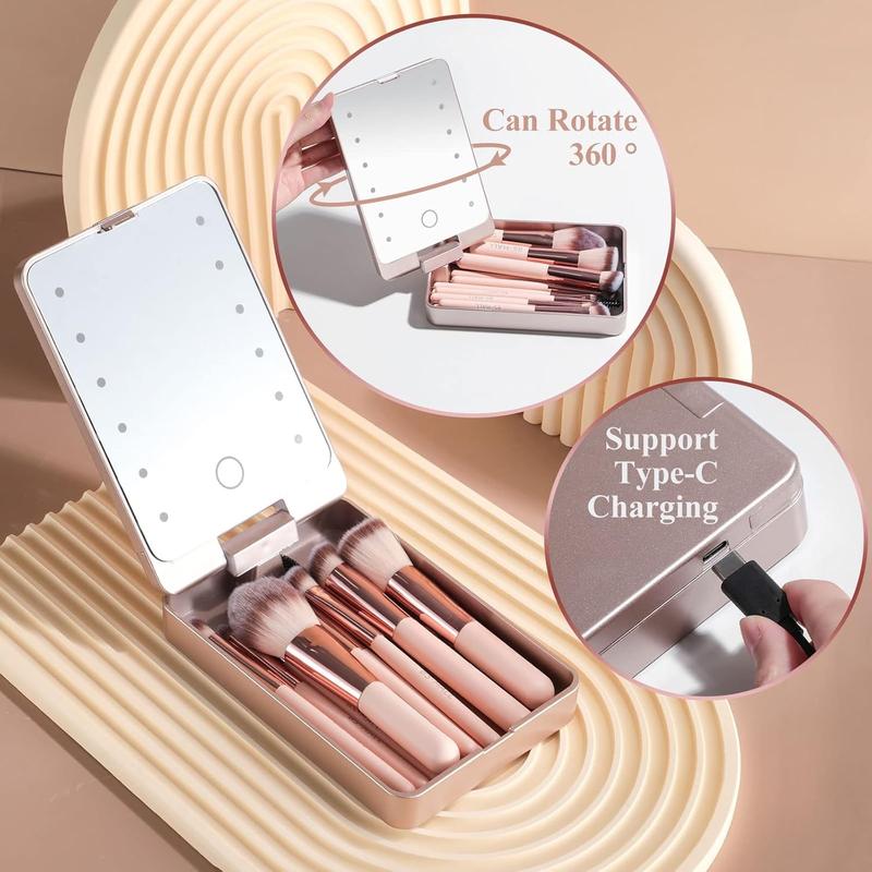 Travel Makeup Brush Set Foundation Powder Concealers Eye Shadows Makeup Set with LED light Mirror 14 count Mini Makeup Brushes (APINK)