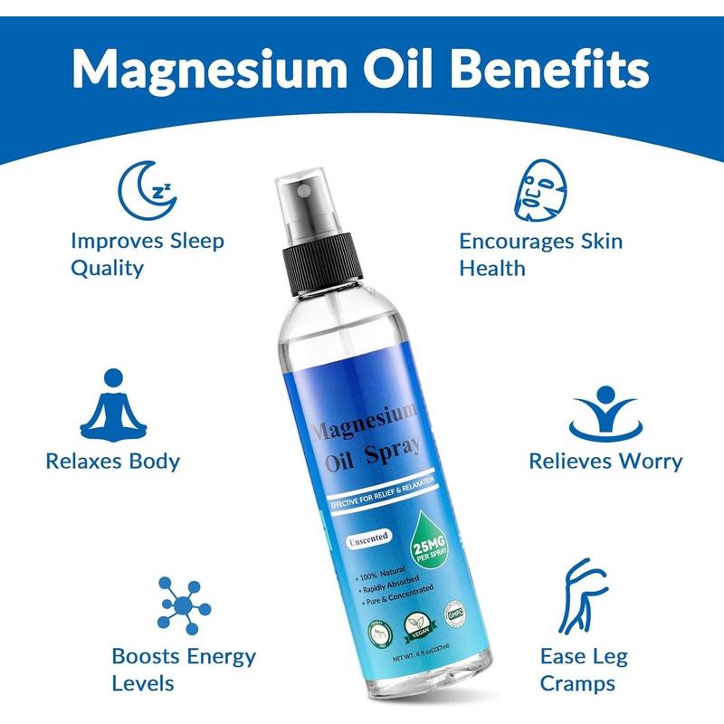 Pure Magnesium Oil Spray,8 fl oz,Less Itchy, Topical Magnesium Oil for , Magnesium Chloride from Ancient Zechstein Seabed, Without Scented