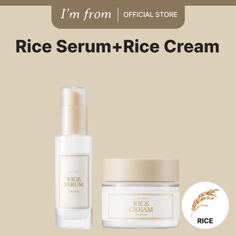 [I'M FROM OFFICIAL SHOP] Rice Cream + Rice Serum, Special Set, Rice Extract from Korea, Glow Essence with Niacinamide, Hydrating for Dry Skin, Vegan, Alcohol Free,Fragrance Free, Peta Approved, K Beauty Moisture Skincare Skin Repair Hydrate Moisturizer