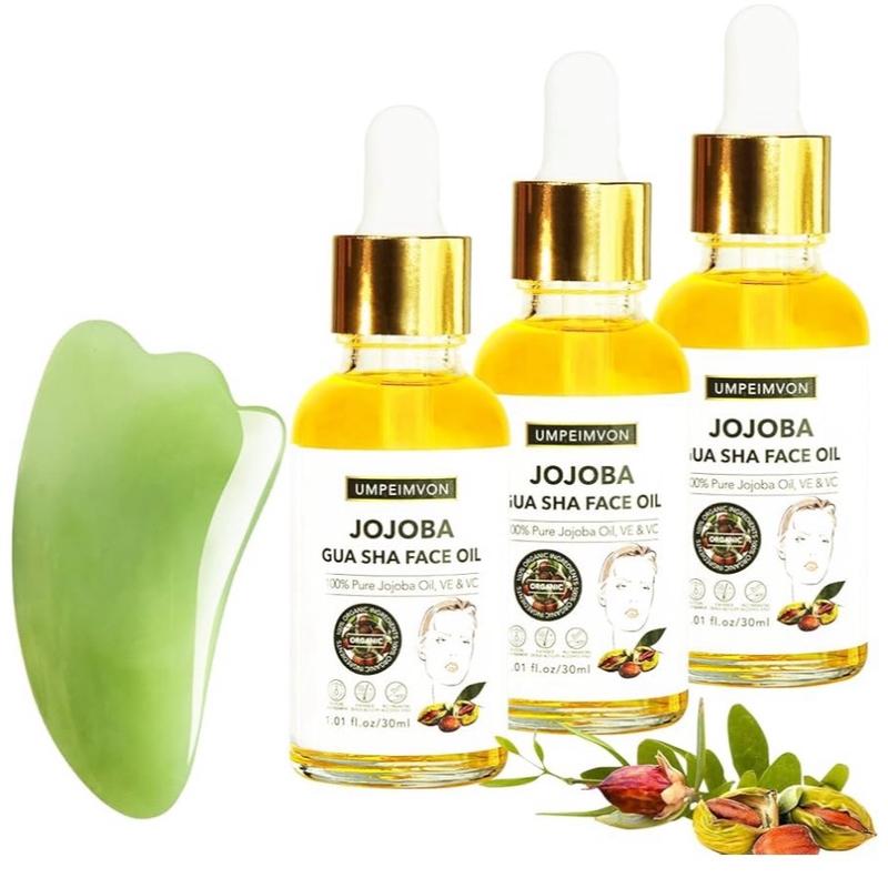 Gua Sha Facial Massage Oil with Guasha Tool Set, 99% Organic Jojoba Oil Cold Pressed Vitamin E and C for Face, Hair, Nails - 3 Pack