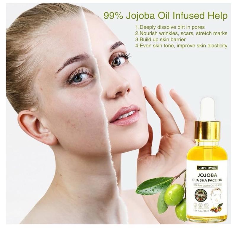 Gua Sha Facial Massage Oil with Guasha Tool Set, 99% Organic Jojoba Oil Cold Pressed Vitamin E and C for Face, Hair, Nails - 3 Pack