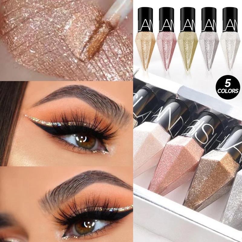 5PCS Shiny Eye Liners Pigment Silver Rose Gold Color Liquid Glitter eyeshadow Professional Eyeliner Beauty Cosmetics Makeup for Women Lipliner Evening Shimmer