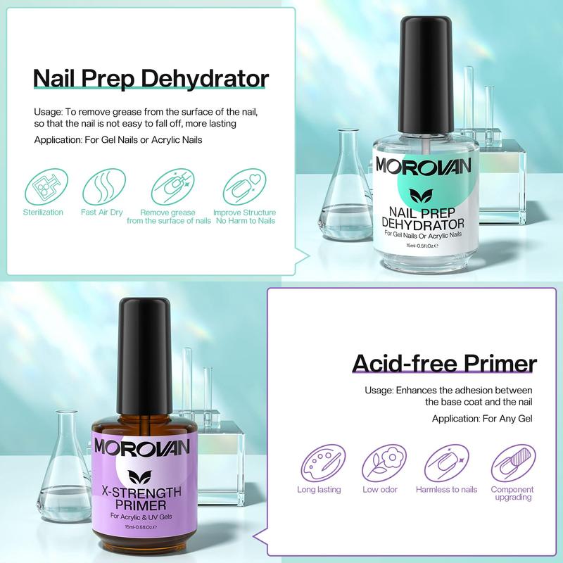 MOROVAN Nail Dehydrator and Nail Primer with Cuticle Oil Set - Professional Nail Prep Dehydrator and Primer Set Long Lasting X-Strength Acid-Free Nail Primer for Acrylic Nails ＆ Gel Nails for Beginner