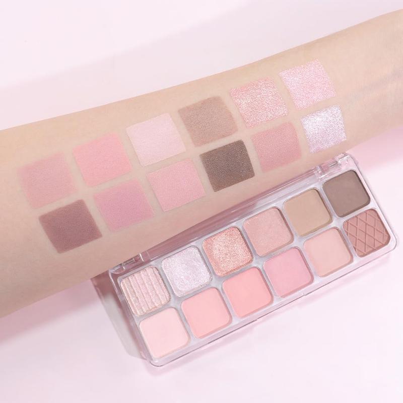 12-Color Light Pink Brown Eyeshadow Palette for Versatile Day-to-Night Looks - Makeup