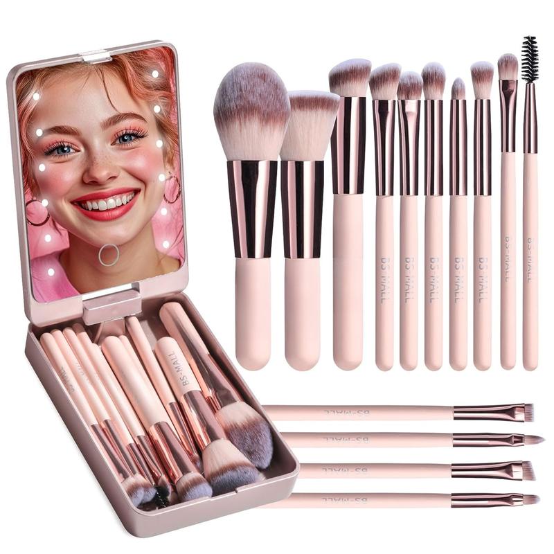 Travel Makeup Brush Set Foundation Powder Concealers Eye Shadows Makeup Set with LED light Mirror 14 count Mini Makeup Brushes (APINK)