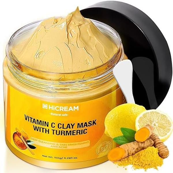 Hicream Turmeric Vitamin C Clay Mask - Deep Cleansing Facial Mask, Clay Face Mask Skin Care with Kaolin Clay and Aloe for Pores, Acne, Hydrating