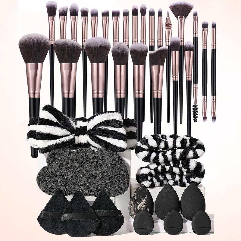 Makeup Brush & Sponge & Puff & Headband Set, 40pcs set Multi-use Cosmetic Brushes & Puff for Detailing & Blending, Daily Use Facial Makeup & Cleansing Tools