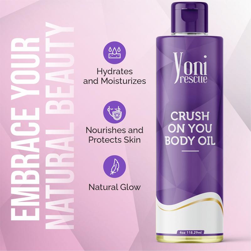 Crush On You Body Oil, 4oz,  with Apricot, Jojoba, Avocado Oils & Vitamin E Oil, Daily Moisturizer, Fast-Absorbing, Nourishes and Hydrates Skin , Skin Repair, Body Care, Ideal for All Skin Types, Jasmine & Honey Suckle Scented Fragrance by Yoni Rescue