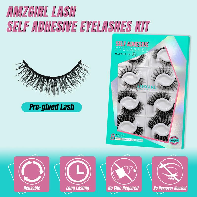 Amzgirl Self Adhesive Eyelashes Lash Clusters 8 Pairs No Glue Needed Reusable Adhesive Eyelashes with Tweezers （4 Styles,D Curl,8-17mix） Makeup Cosmetic