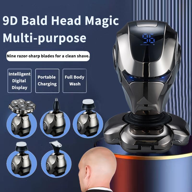 9-head shaver, smooth shave, washable and wet, 5-in-1 men's baldness clipper, suitable for hair, nose hair, sideburns, face, IPX6 waterproof, new upgraded shaver, digital screen displays power, easy to carry, 9D razor, detachable blade Comfort