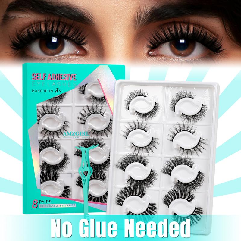 Amzgirl Self Adhesive Eyelashes Lash Clusters 8 Pairs No Glue Needed Reusable Adhesive Eyelashes with Tweezers （4 Styles,D Curl,8-17mix） Makeup Cosmetic