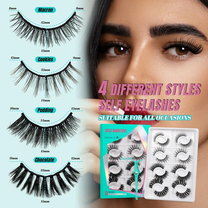 Amzgirl Self Adhesive Eyelashes Lash Clusters 8 Pairs No Glue Needed Reusable Adhesive Eyelashes with Tweezers （4 Styles,D Curl,8-17mix） Makeup Cosmetic