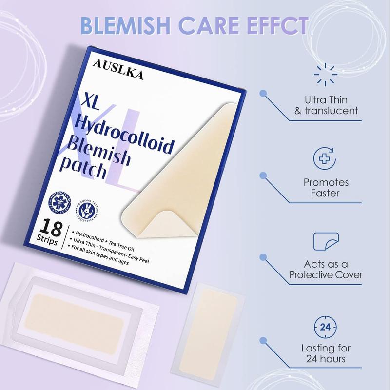 AUSLKA Large Blemish Patches XL -18 Strips - Hydrocolloid Patch for Covering Zits - Spot Stickers - Vegan and Cruelty for Face and Skin