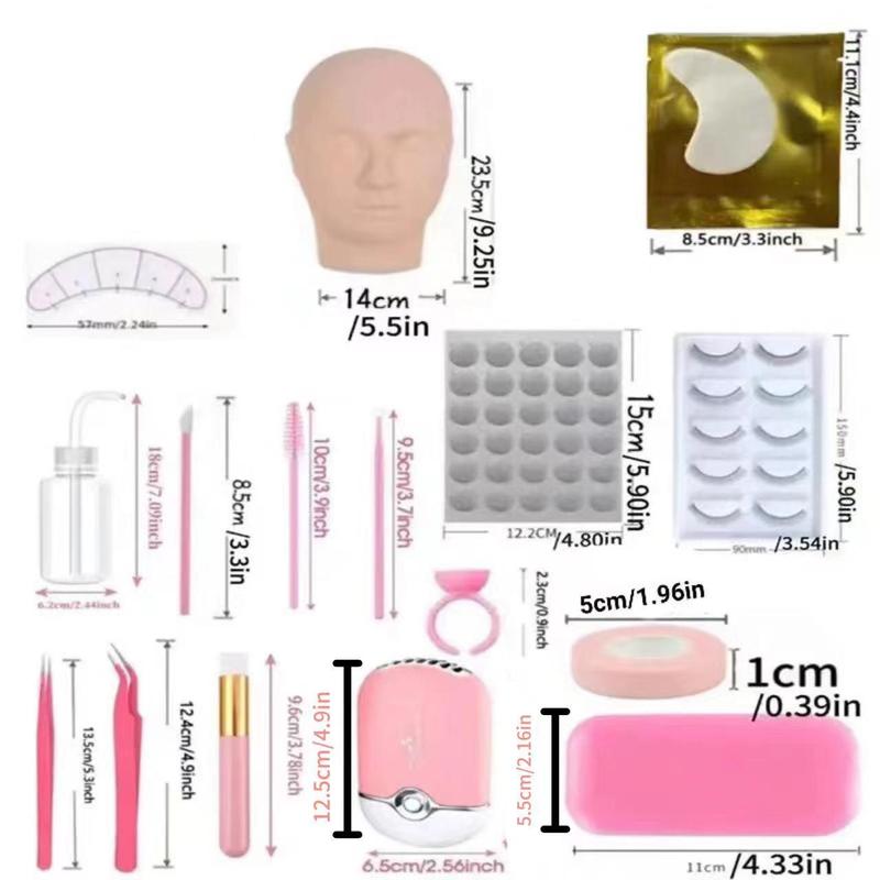 Eyelashes Extensions Kit, Professional Eyelash Grafting Training Tools, Including Mannequin Head, Practice False Lashes, Glue Ring, Tweezers, Lash Glue, Fan, Under Eye Gel Pads, Complete Eye Makeup Practice Kit, Christmas Cosmetic Tool, Summer Makeup Gift