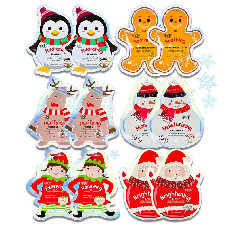 Christmas Holiday Character Sheet Mask 12 Pack | Santa, Reindeer, Snowman, Elf, Gingerbread, Penguin| Stocking Stuffers, Christmas Gift Ideas