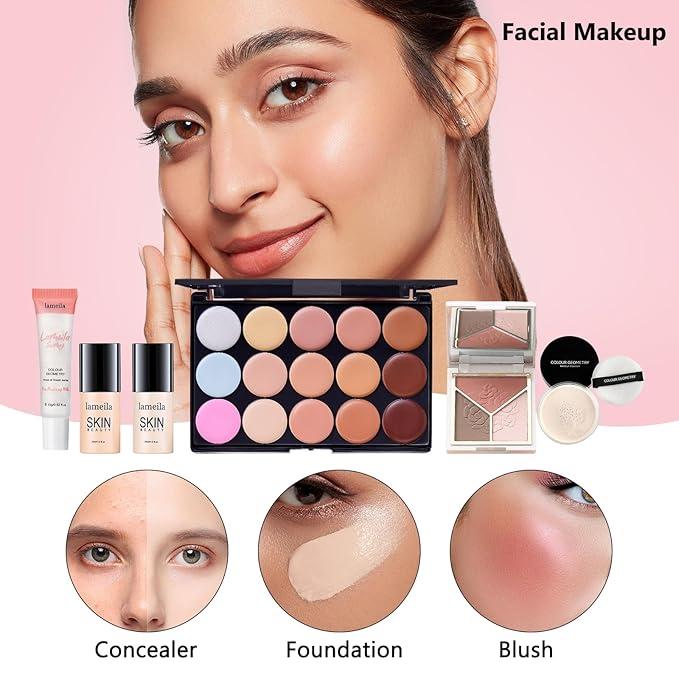 All in One Makeup Kit for Women Full Kit, Makeup Essential Bundle, Foundation Face Primer Eyeshadow,  Lipstick Eyeliner Mascara Cosmetic Brush Set