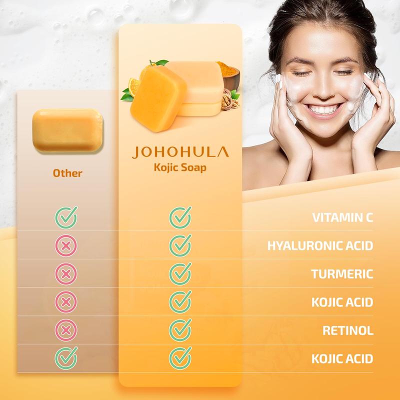 Johohula Turmeric Kojic Acid Soap: Dark Spot Corrector with Vitamin C, Retinol, Collagen. Smooths, firms, brightens. For face & body. 3 x 100g bars