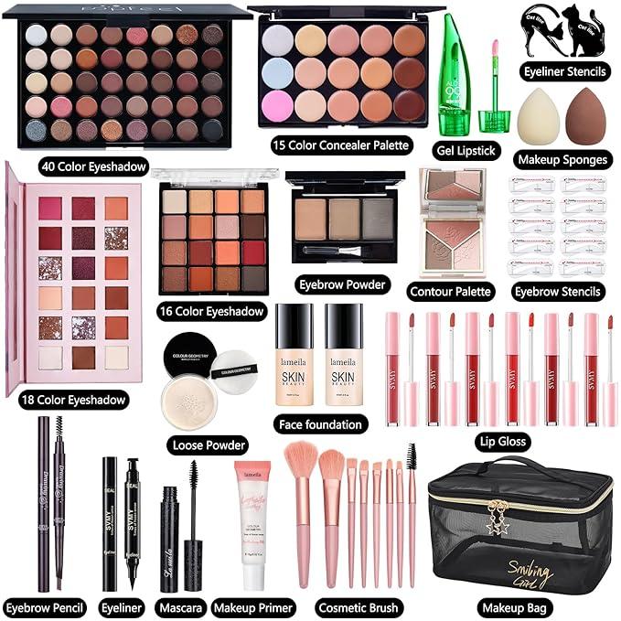 All in One Makeup Kit for Women Full Kit, Makeup Essential Bundle, Foundation Face Primer Eyeshadow,  Lipstick Eyeliner Mascara Cosmetic Brush Set