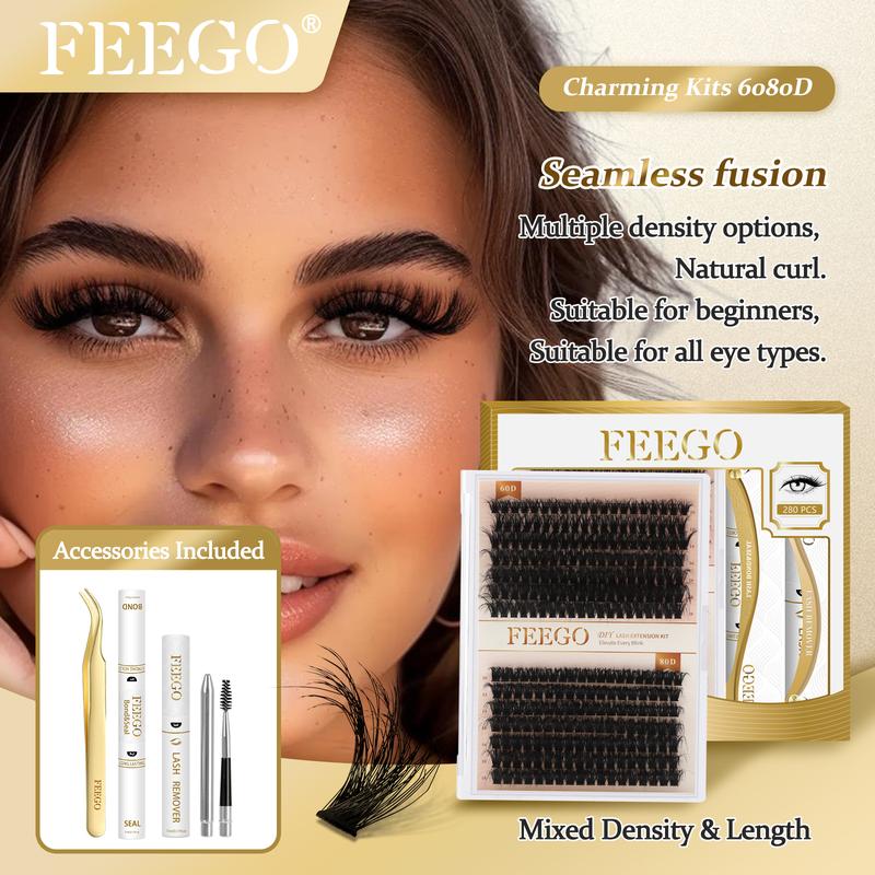 FEEGO False Eyelashes 280Pcs 60D+80D 10-18mm Fluffy Eyelash Set,DIY Eyelash Extension D Curl，Waterproof Bond Seal,Remover,Eyelash Tweezers,Brushes