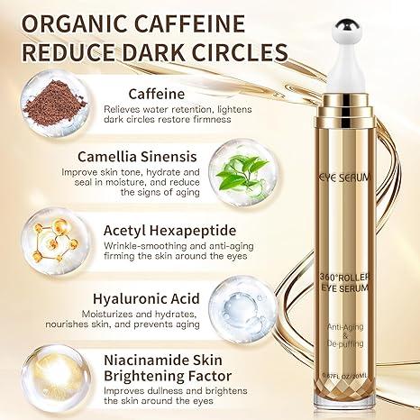 Eye Serum 5% Caffeine,Under Eye Cream for Dark Circles & Puffiness Eve Care Eye Roller Serum with 360°Massage Ball Reduce Eye Bags Wrinkles & Fine Lines 20ML